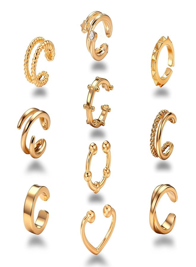 OATHYAN 10 Pcs Gold Plated Ear Cuff Earrings for Women Non Pierced, Hypoallergenic Fake Hoop Earrings Ear Clips Set with Diamonds Lightweight (A-10 pcs-Gold) - Image 1